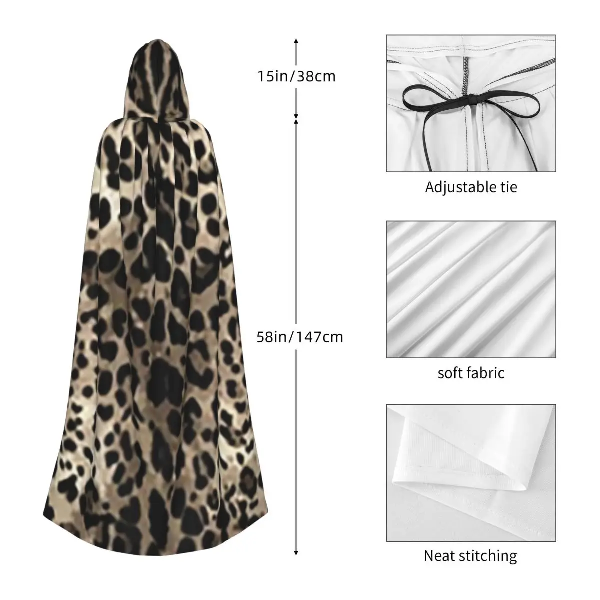 ليوبارد الجلد طويل مقنعين عباءة الساحرة القرون الوسطى زي تأثيري كيب هالوين حفلة الكبار للجنسين