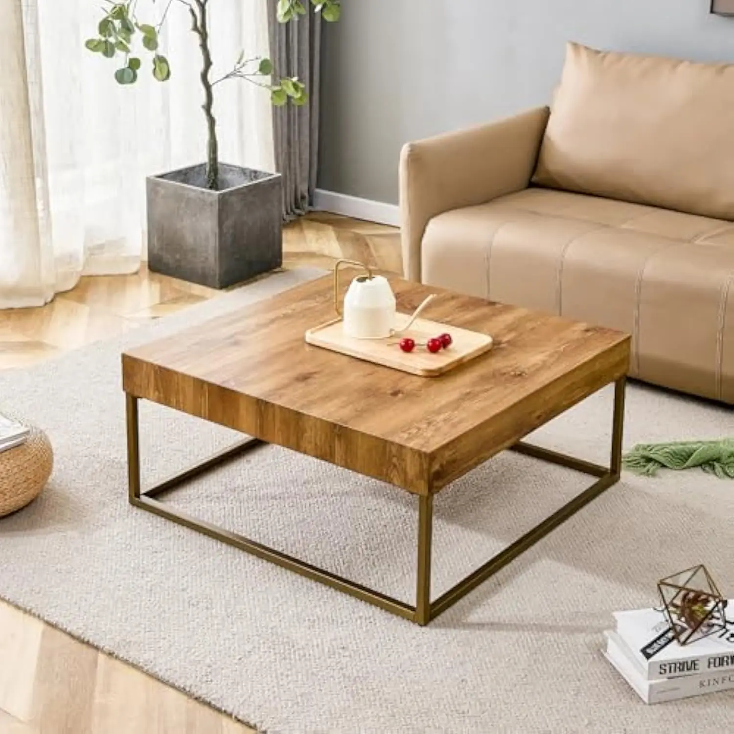 

Modern Coffee Table, Mdf Desktop Wood Coffee Table with Metal Legs, Fully-Assembled Square Coffee Table for Living Room Home O