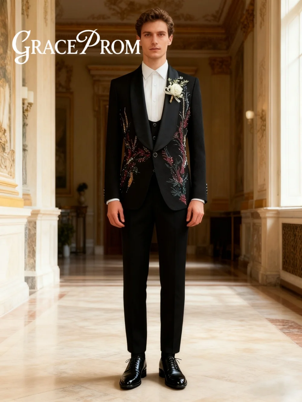 

Fast Delivery Appliqued Men's Suit Set 3PCS For Wedding Classic Crystal Groom Suit Party Suit Blazers Pants Exquisite Men's Suit