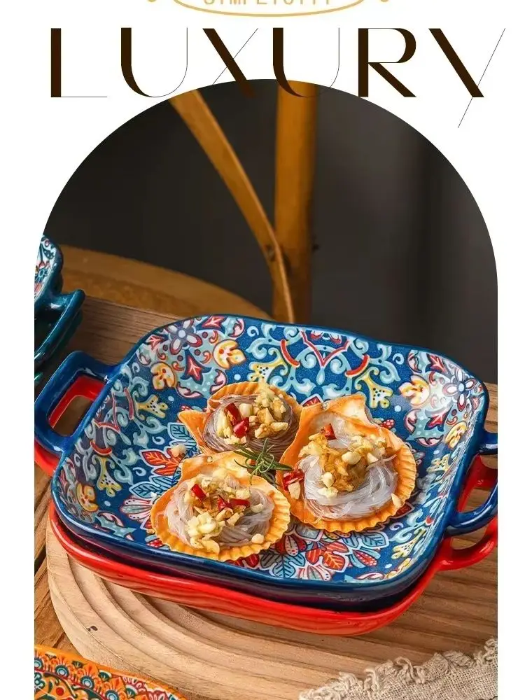 1PC Bohemian Ceramic Binaural Square Plate Beautiful Plate For Home High Appearance Level Plate Fruit Plate Oven Microwave Plate