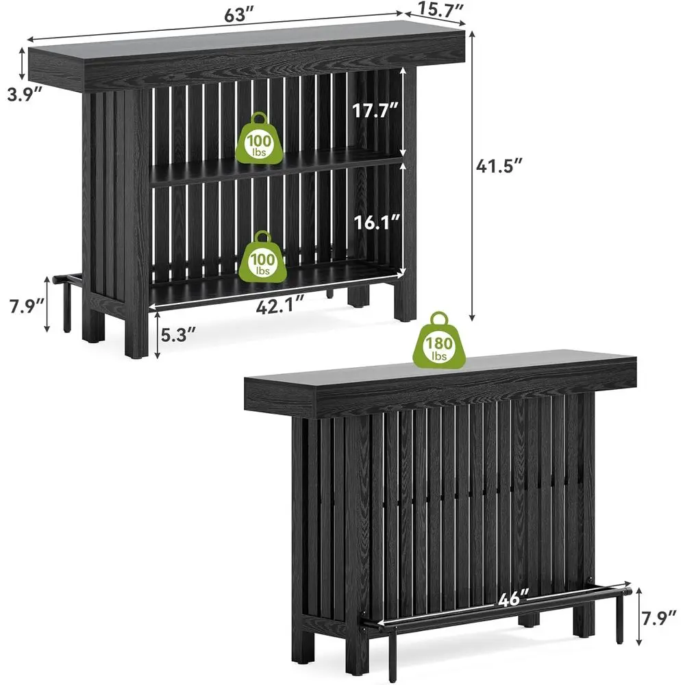 63 Compact 2-Tier Home Bar Table, Black Mini Bar Stand with Storage, Ideal Indoor Pub Counter