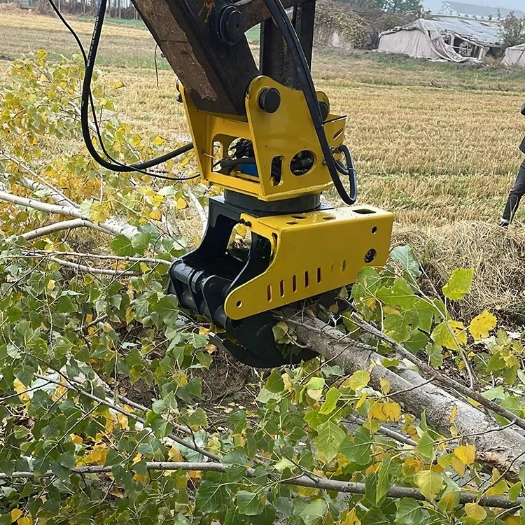 Hydraulic tree chain saw with grab for excavators and backhoe loaders  grasping and sorting
