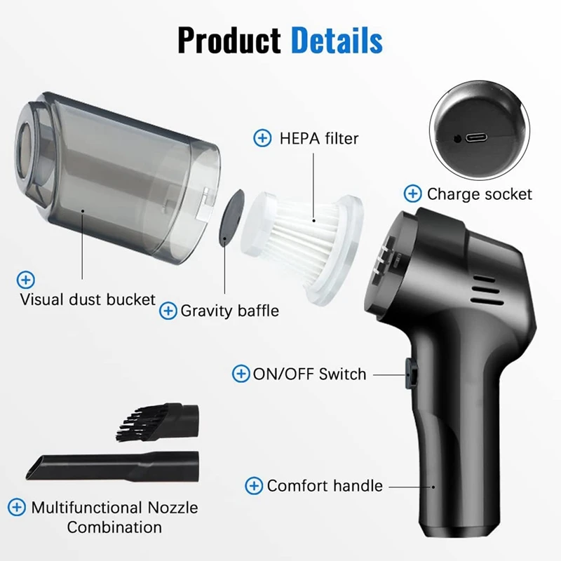 เครื่องดูดดูดแรงสูง9000PA สำหรับสำนักงานบ้านทำความสะอาดรถสัตว์เลี้ยงแบบชาร์จ USB ได้เครื่องดูดฝุ่นแบบมือจับขนาดเล็ก