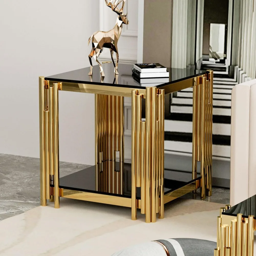 طقم طاولة قهوة زجاجية سوداء مكونة من 3 قطع، طاولة نهاية ذهبية حديثة لغرفة المعيشة، سطح مستطيل من الزجاج المقسى، ساق من الفولاذ المقاوم للصدأ، مربع