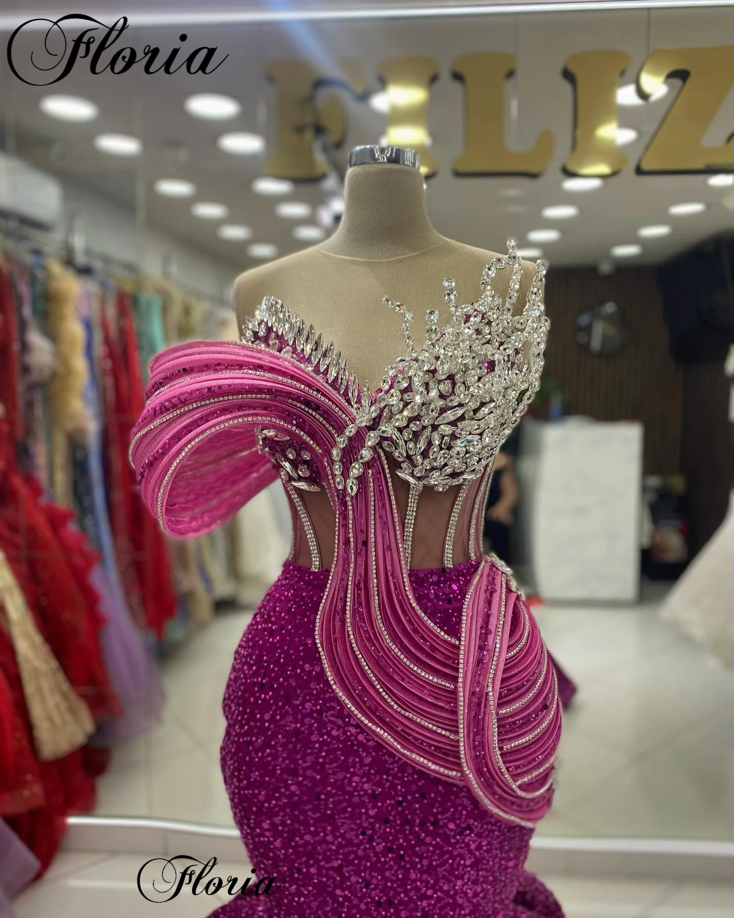 Fuchsia Sparkly Evening Dresses Mermaid Special Crystals Prom Party Dresses Luxury 2024 Vestidos Para Mujer Designer Coutures