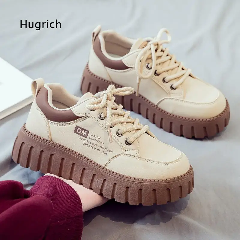 Lace Up Thick Sole Platform Shoes For Women Contrast Color Faux Leather Letter Print Walking Footwear