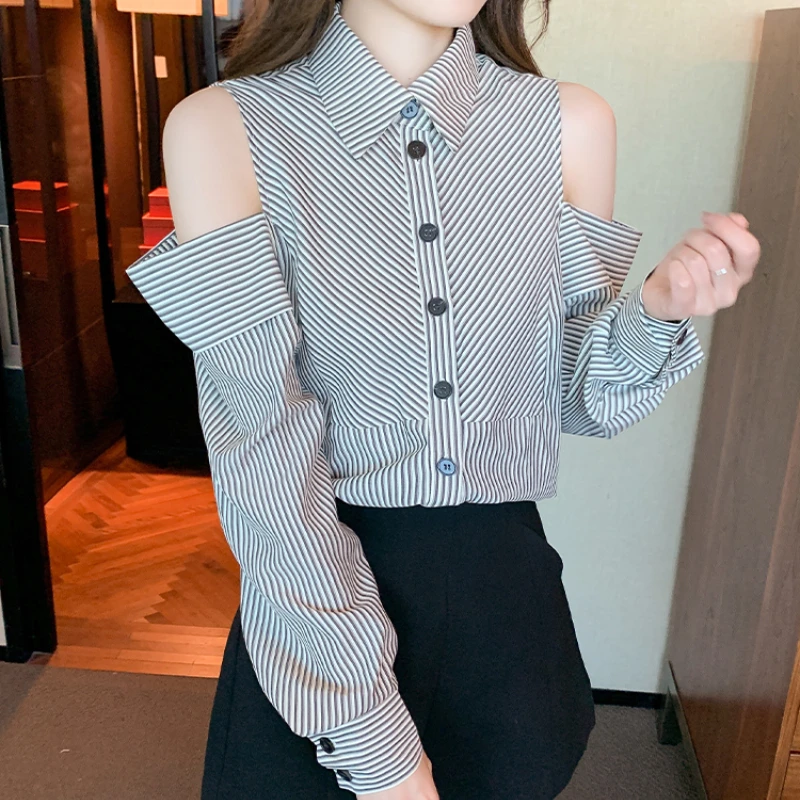 

Korean Style Striped Strapless Shirt Women Long Sleeve Single Breasted Office Lady Tops Fashion Casual Versatile Blouse Female