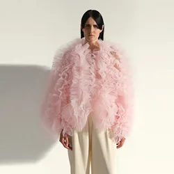 Moda rosa Fluffy Ruffles Tulle giacca da donna maniche lunghe aperto davanti lunghezza media cappotto da donna Outfit Outwear femminile