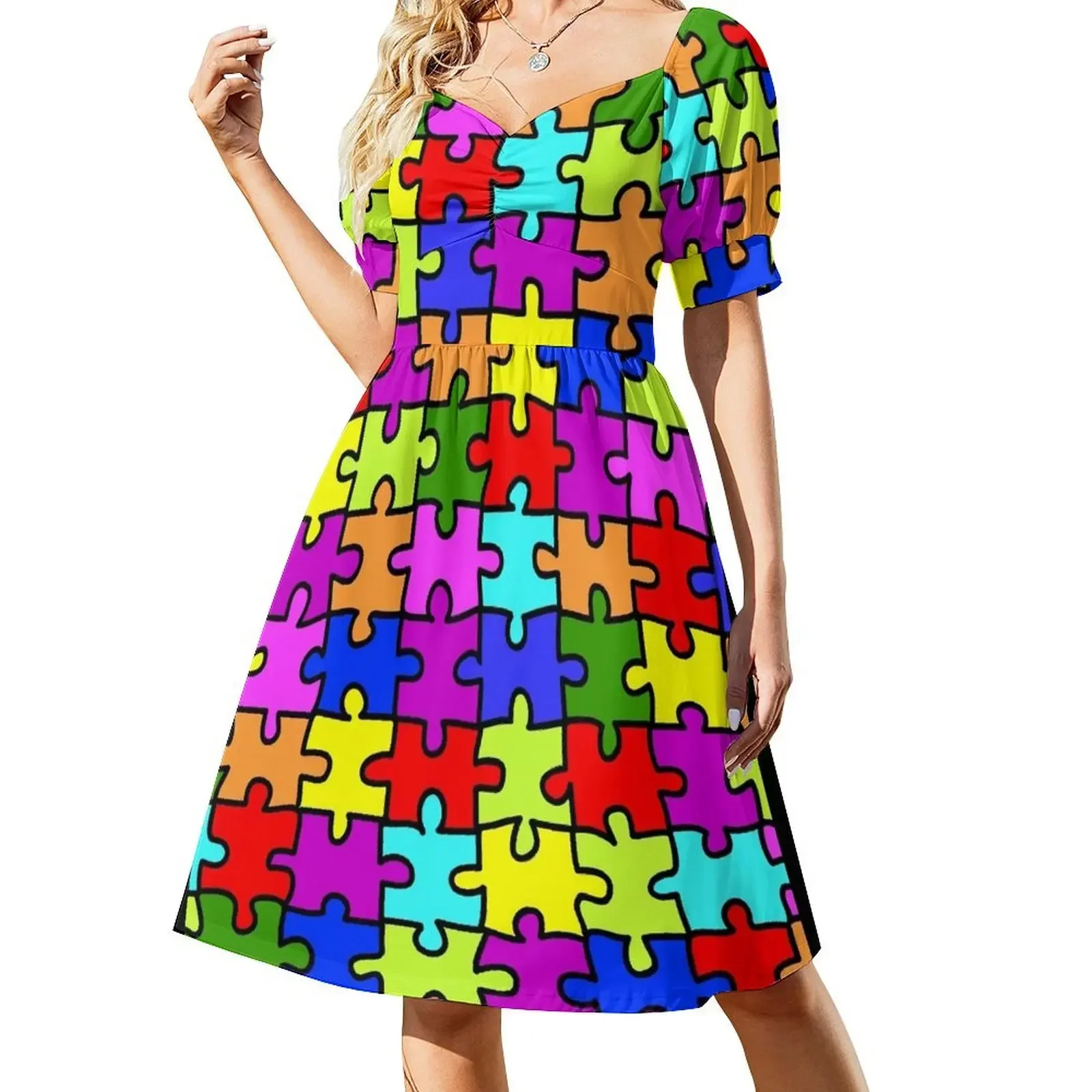 Colorful rainbow jigsaw puzzle pattern- autism awareness Sleeveless Dress luxury woman evening dress Female dress