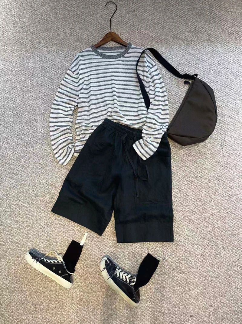 

Cuijia Daily Lightweight Outdoor Washed Linen Bermuda Mid-Pants H37158 Casual Straight Leg Ladies Shorts Natural Waist