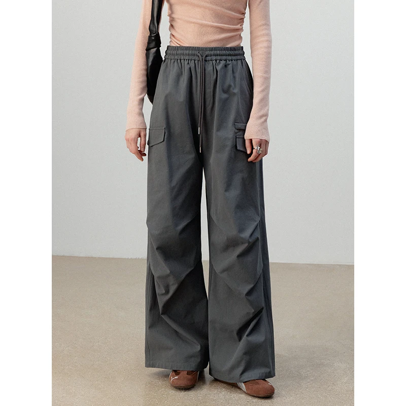 Eggka Solid Color Highwaisted Casual Pants Female Elastic Waist Long Pants Commuter Loose Wide-Legged Pants Gray 2024 Autumn