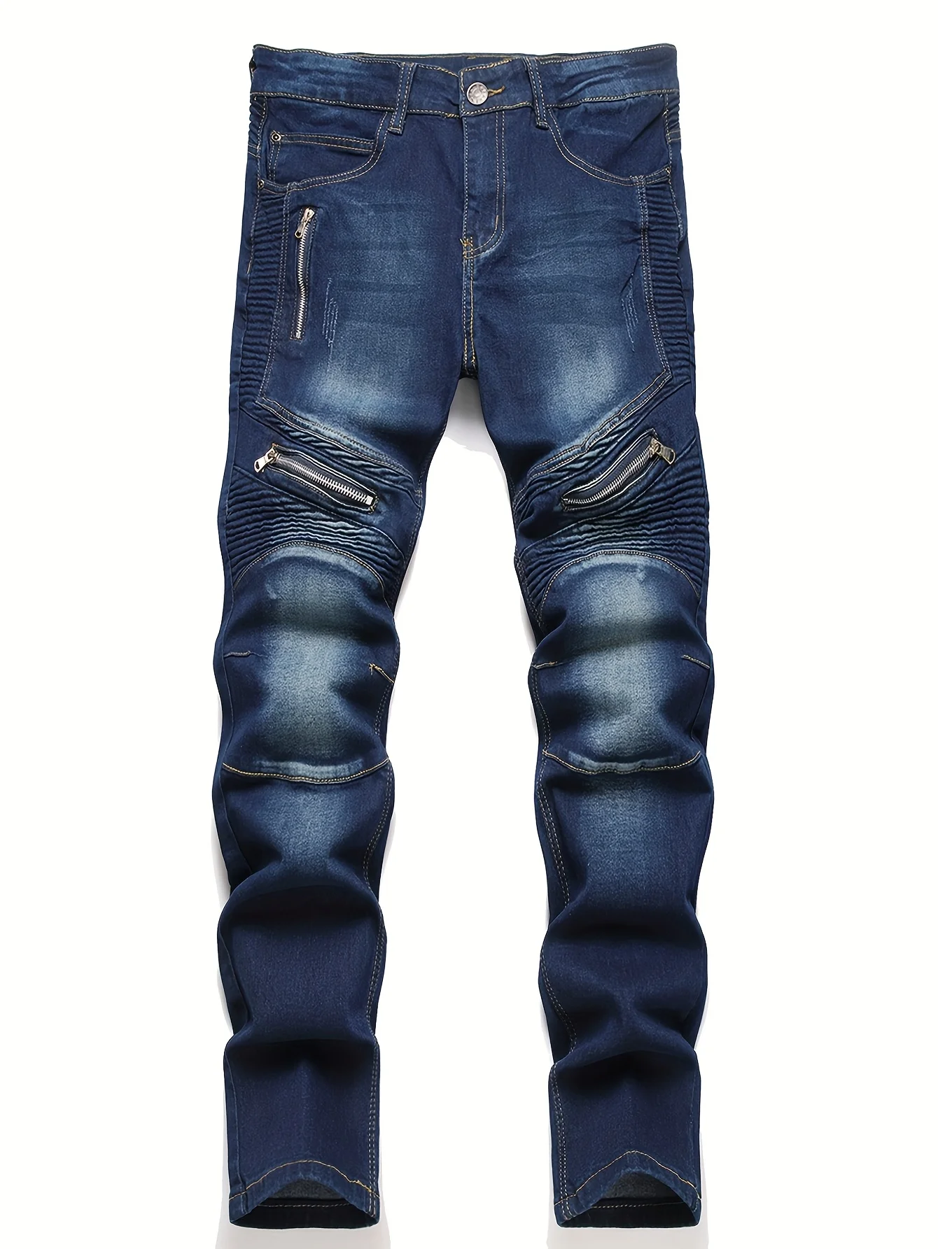 

Men's ribbed jeans, elastic straight leg denim pants, washed bicycle distressed jeans