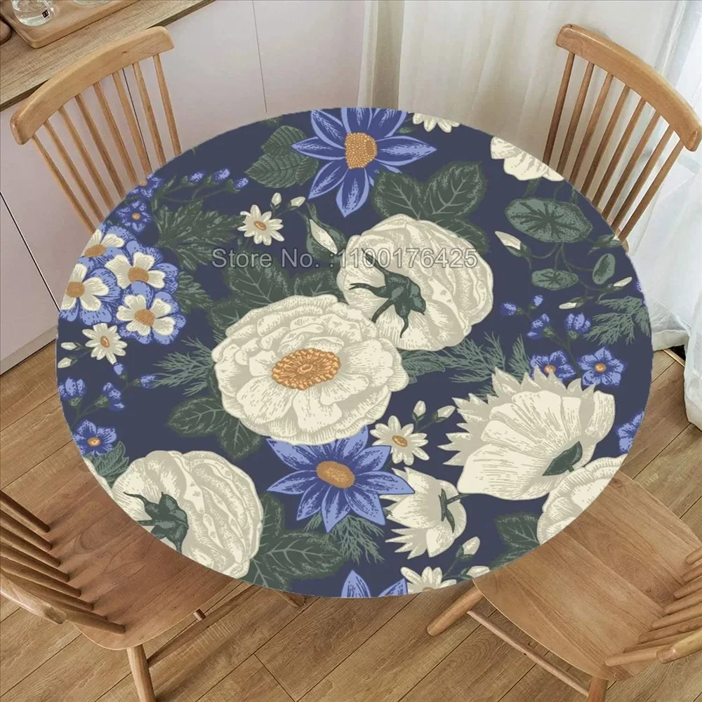 Floral Print Round Tablecloth Fitted Waterproof Wedding Party Table Cover Dinning Kitchen Decorative Camping Picnic Table Cloth