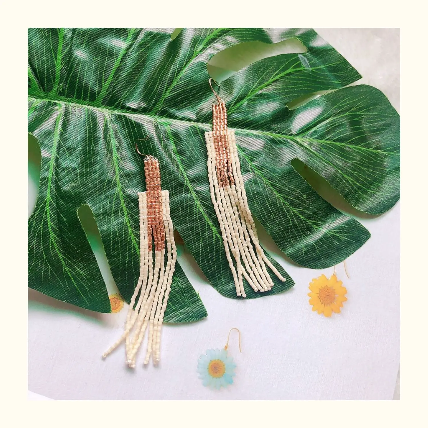 ZGMXR Rice bead earrings Color match Geometry Design Tassel Originality Hand knitting Bohemia Alloy Fashion  Beaded earrings