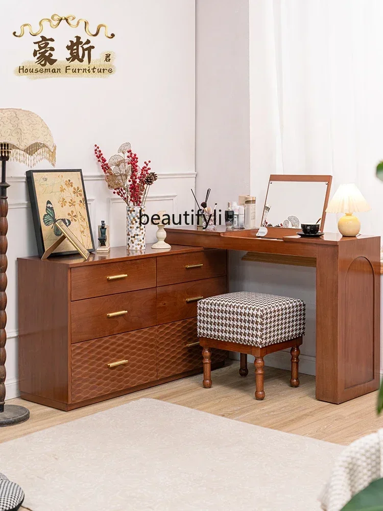 Retro style dresser, chest, integrated bedroom, retractable storage cabinet, makeup table, flip cover makeup table