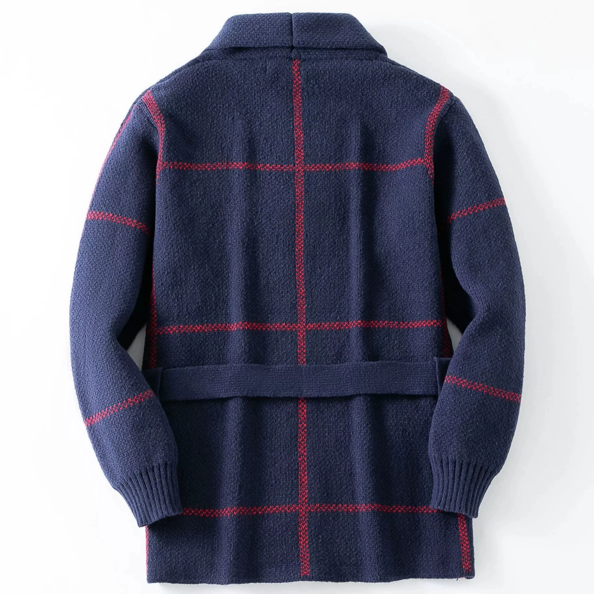 Suéter de malha masculino luxuoso e moderno com linhas retrô, jacquard e suéter cardigã de comprimento médio engrossado