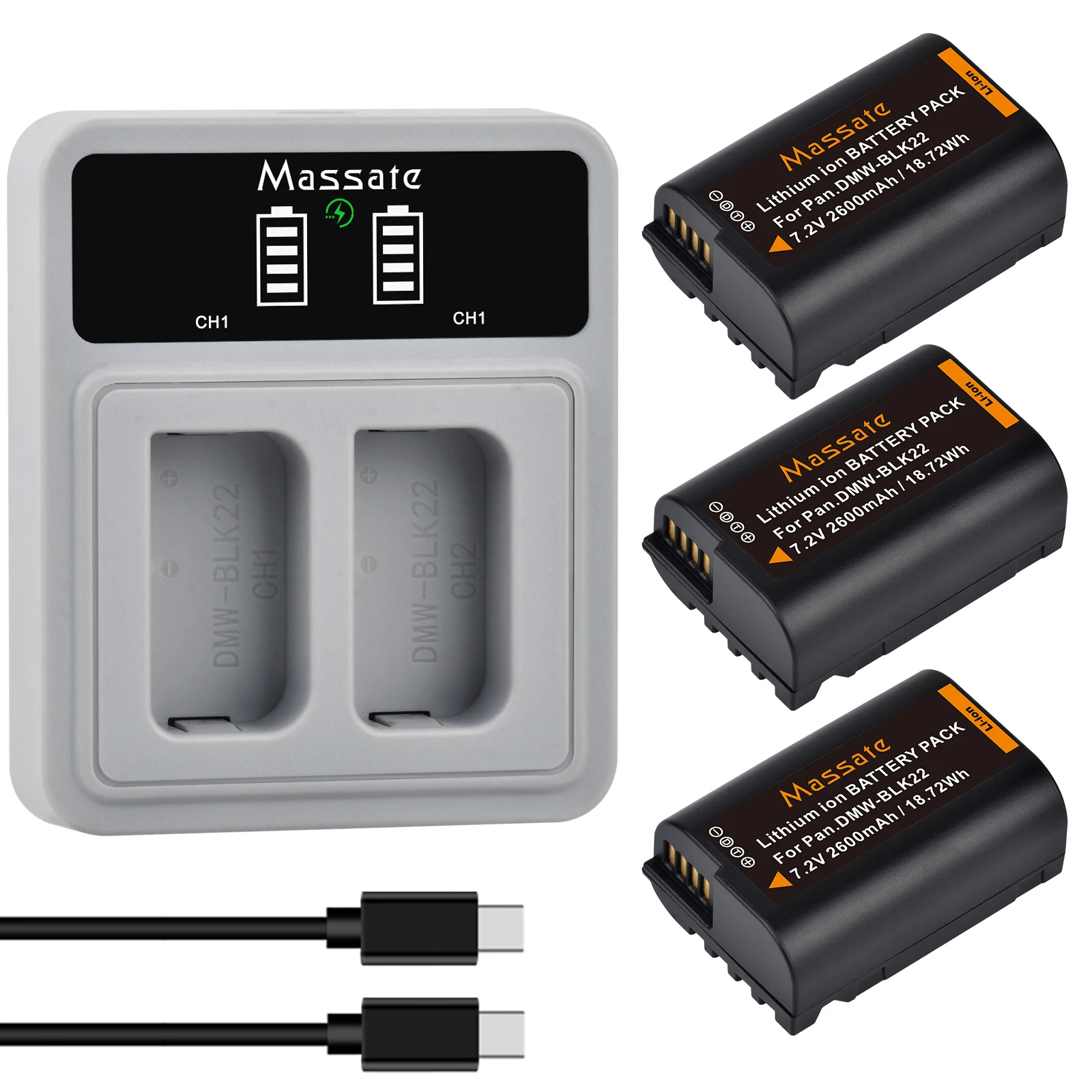 

Massate Replacement for DMW-BLK22 BLK22 Battery +Fast Dual Charger for Panasonic Lumix S5IIX S5II S5 GH6 GH5M2 DC-G9 II GH5M2