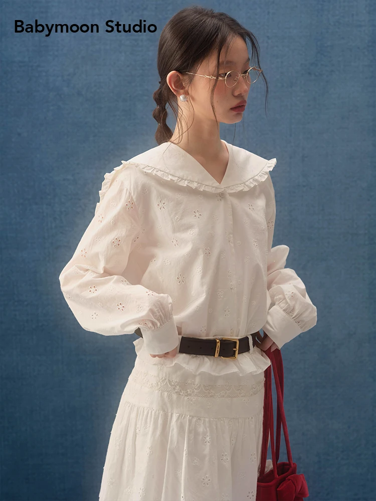 

Babymoon Pure Cotton Long Sve White Embroidered irt Women's Spring New Sle Hollow out Design Original Boutique irt