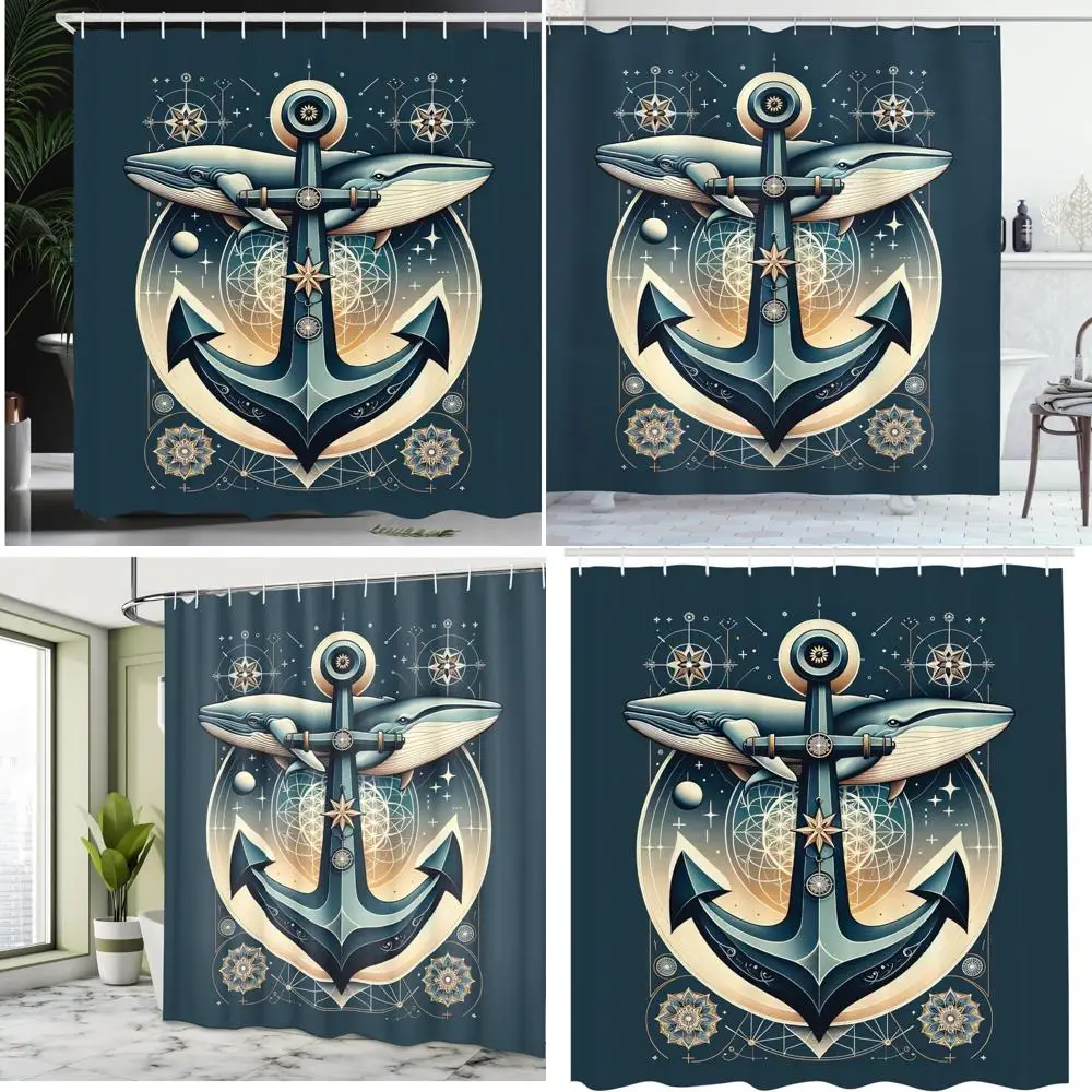 

морской кит и якорная занавеска для душа с компасом-мандалой