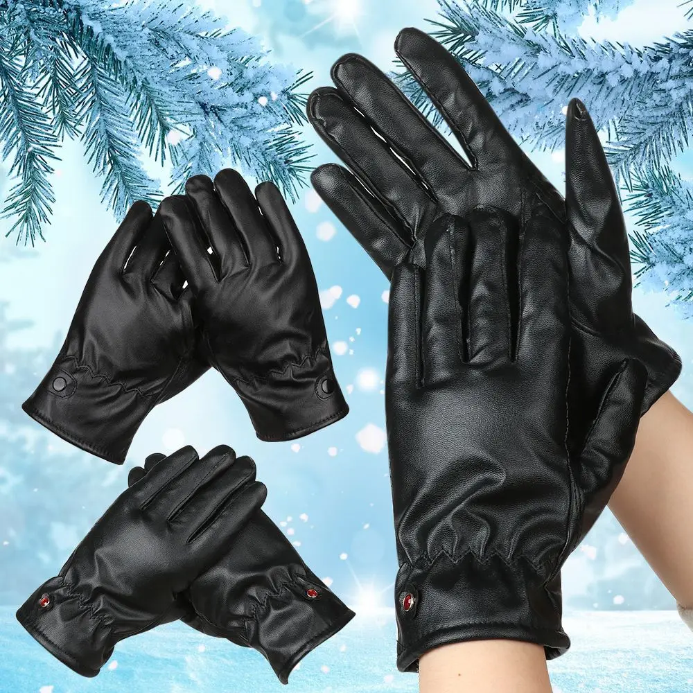 1pair Thick Autumn Winter Thick Full Finger Mittens Sport Cycling Gloves PU Leather Mitts Touch Screen Gloves