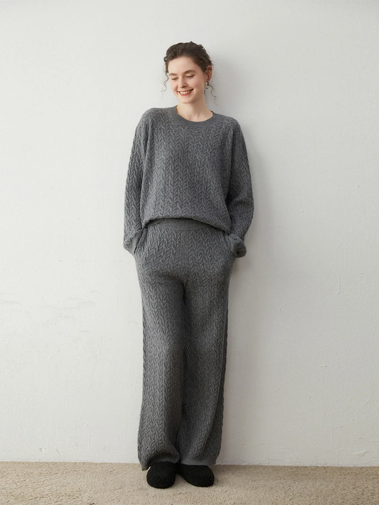 Autumn Winter Sweater Women's Sweater Set Pullover Straight Pants Suite 100% Cashmere Suite Trousers Pullover Twist Flower Pants