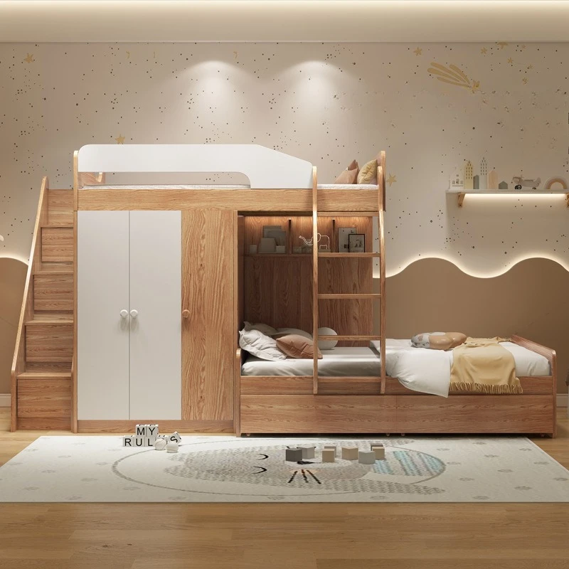

Solid wood parallel staggered upper and lower beds with wardrobes integrated dislocation type high and low beds