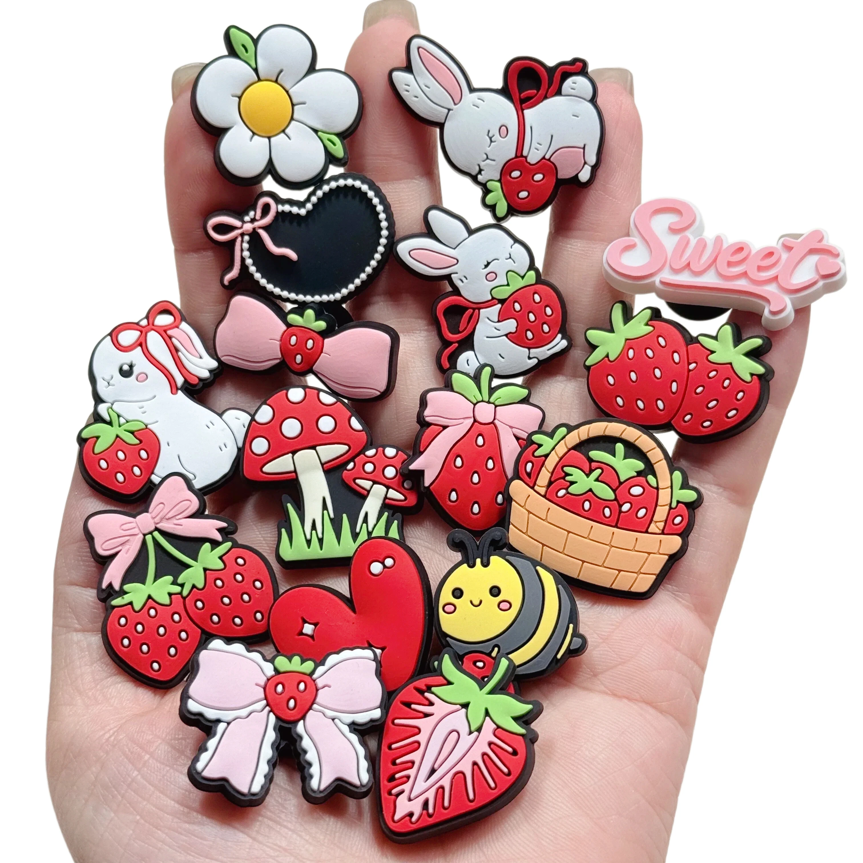 New Arrival 1-16Pcs Rabbit Strawberry PVC Sandal Accessories Mushroom Sweet Heart Shoe Charms DIY Phone Case