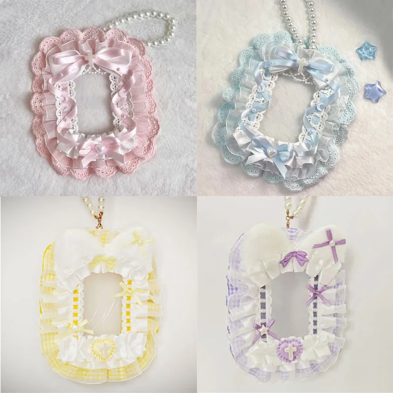 Sweet Lolita Lace Photocard Holder Handmade Bow Pearl Photo Card Frame Kpop Idol  Card Display Pendant Bag Itabag Accessories
