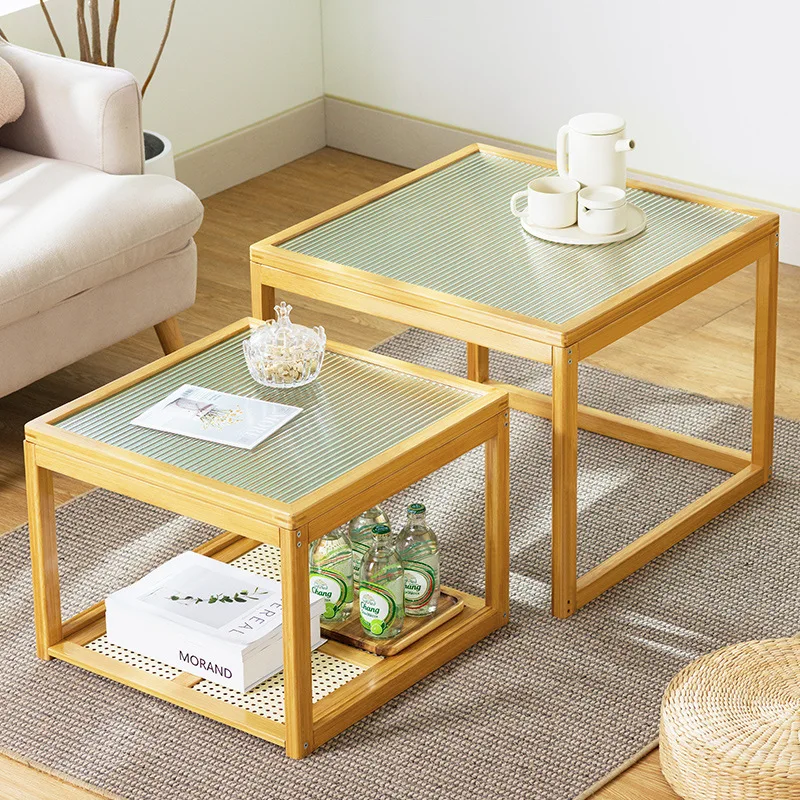 Bamboo Glass Coffee Table, Scratch-Resistant Small Tea Table, Minimalist Living Room Side Table, Easy-to-Clean Mobile Furniture