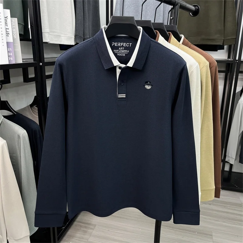 Herbstliches, bequemes Herren-Polohemd mit Print, Baumwollanteil, warm, einfarbig, langärmeliges T-Shirt, lässige Herrenbekleidung für den Alltag – Detail 7