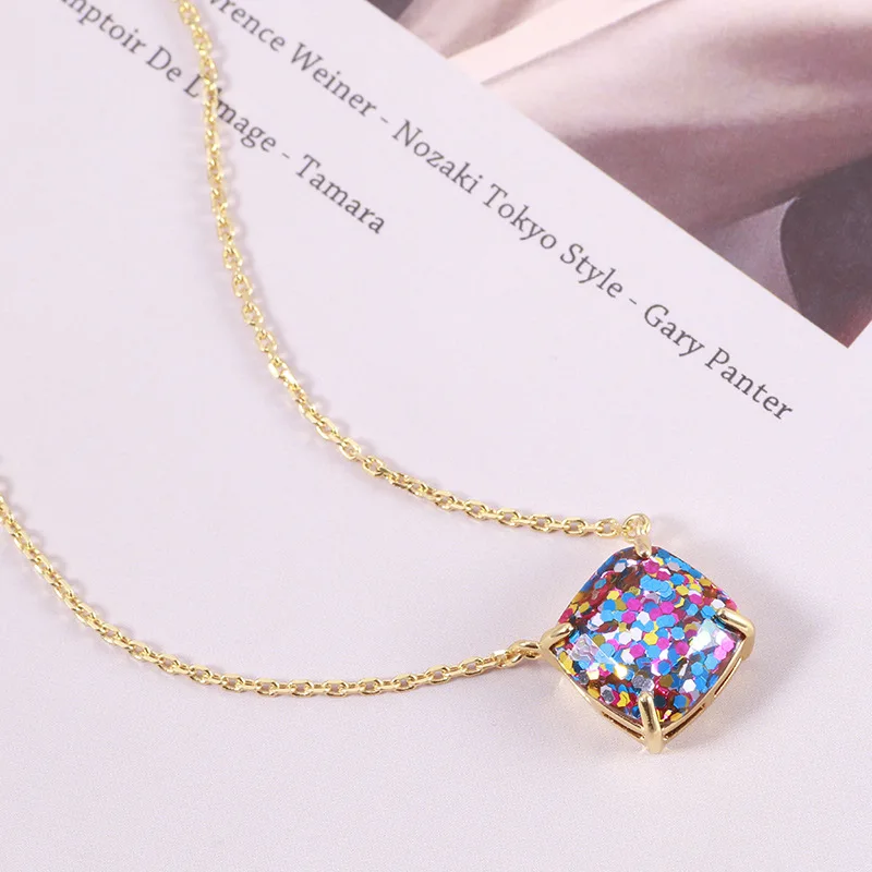 2025 Autumn Winter Simple Fashionable Square Color Glitter Resin Sequin Necklace Clavicle Chain for Girl Cute Gentle Necklace