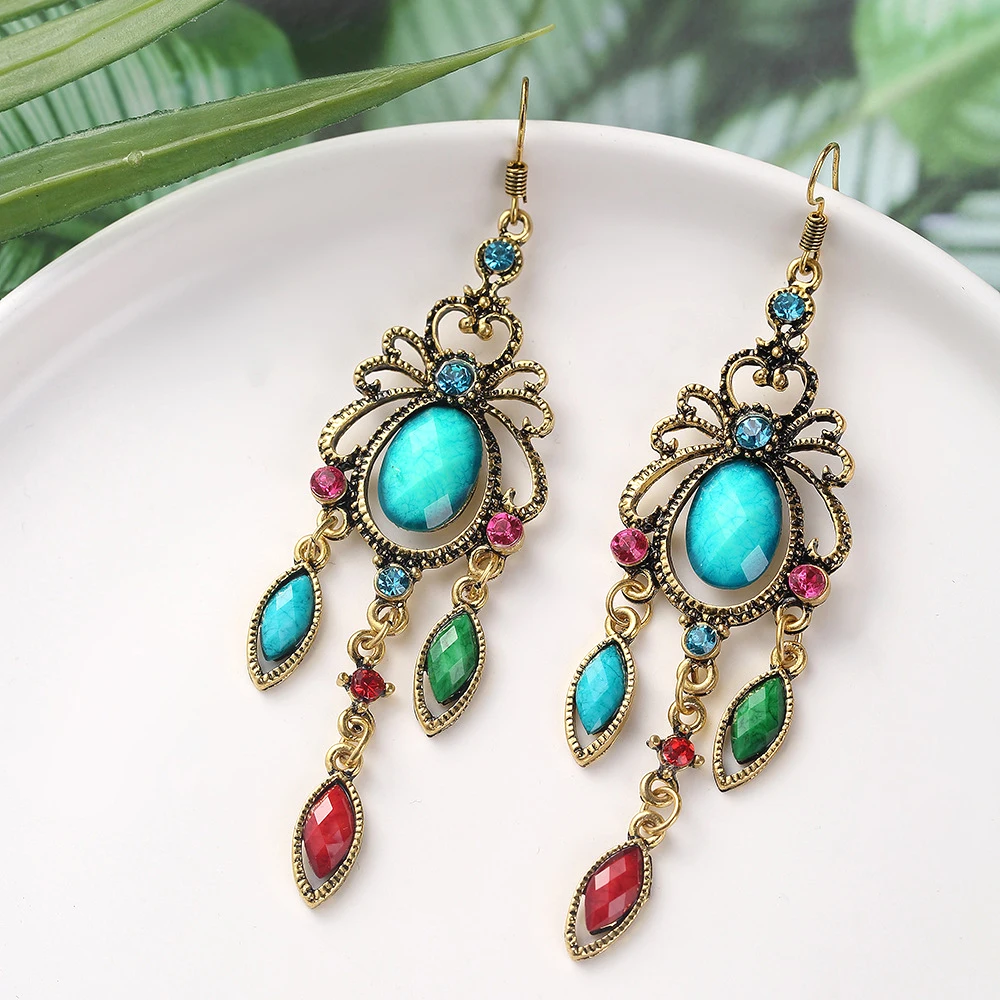 Vintage Palace Style Dangle Earrings for Women Elegant Long Acrylic Water Drop Tassel Earring Female Ethnic Jewelry Accessories