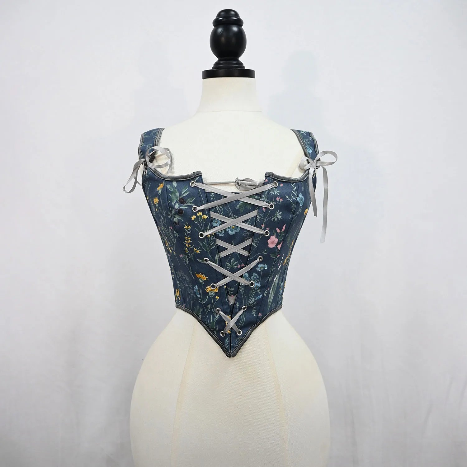 Dark Blue Floral Vintage Corset Top French Pastoral Style Front-Laced Waist-Cinching Shaping Top for Women