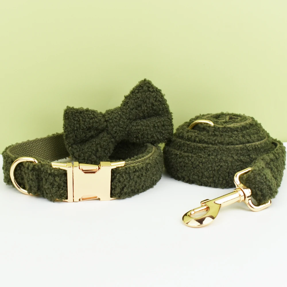 Pet dog collar Handmade necklace Pet dog supplies Woven accessories Autumn Winter Christmas set Army green lamb velvet Teddy 02