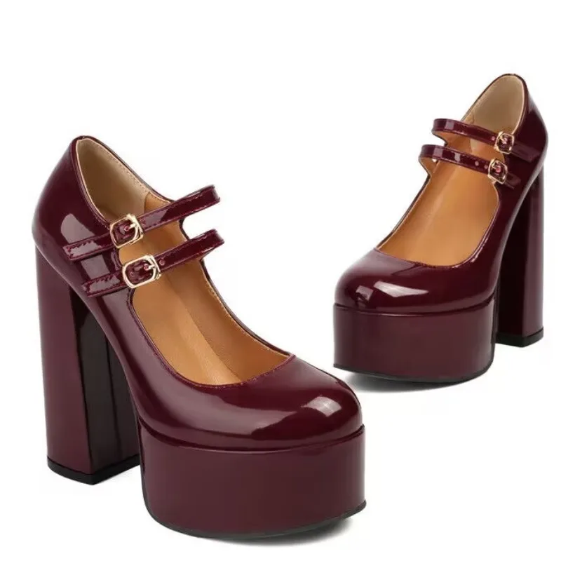 

DIZHUANG Сексуальные женские туфли на высоком каблуке. Винно-красные (черные) лакированные туфли с круглым носком. Женские туфли Мэри Джейн высотой около 15 см.