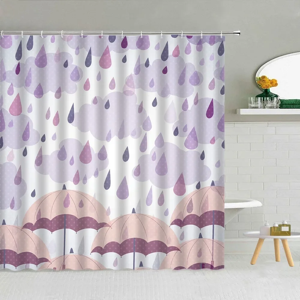 Cartoon Style Umbrella Printed Shower Curtain Colorful Rain Drops Boy Girl Bathroom Decor Waterproof Fabric Screen with Hooks