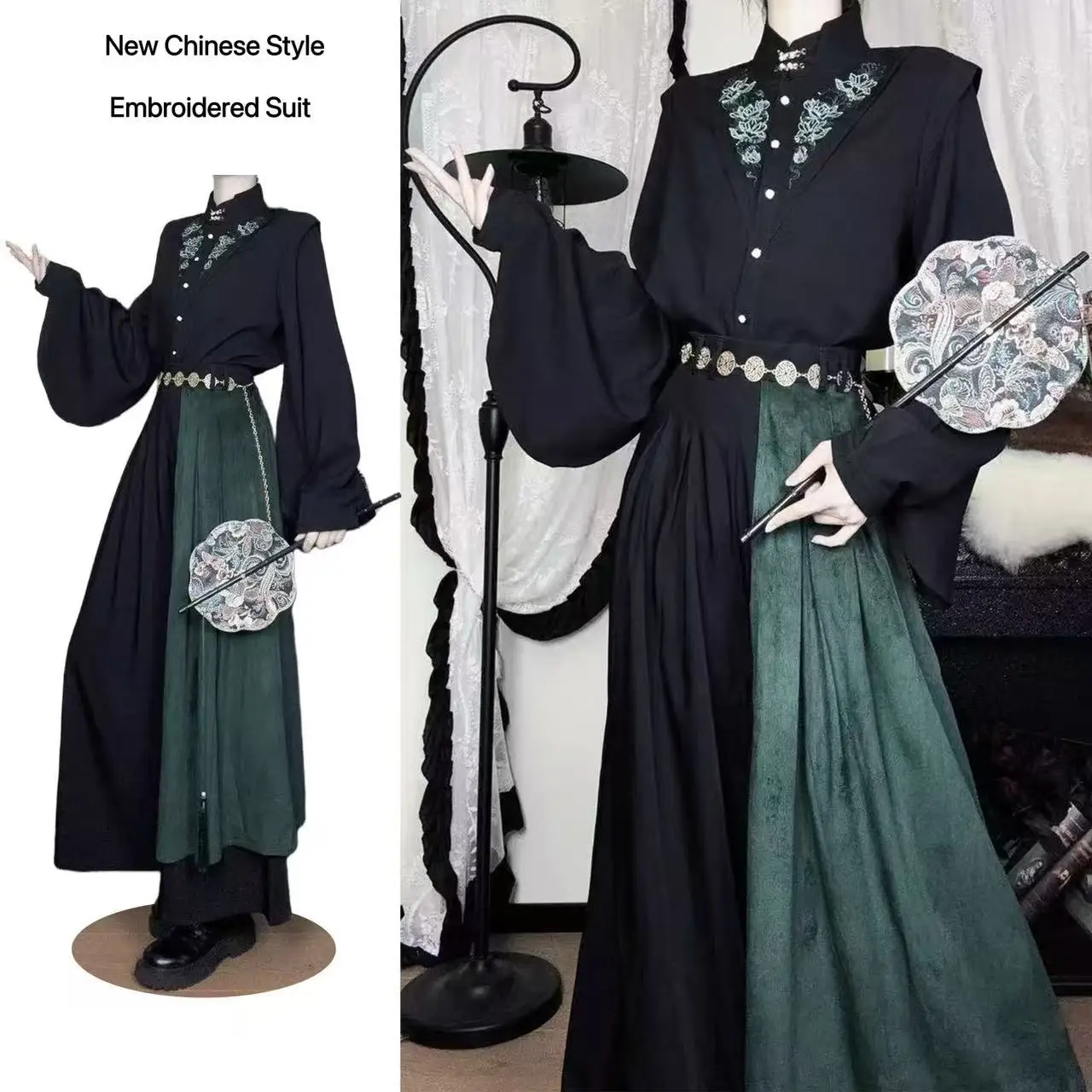 

Niche Bisex Woven Hanfu Men Women Upgraded Standing Collar Long Blouse Wide Leg Pant 2Pieces Set Unisex Y2K Fashion COS Outfits