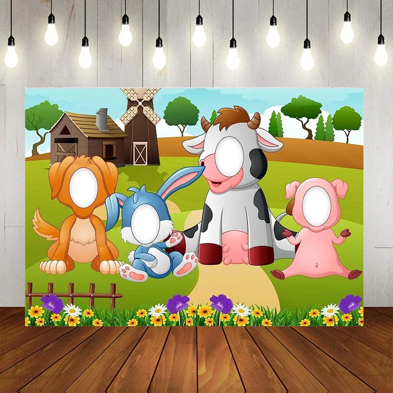 Animals Banner Backdrop Photographic Background Cow Pig Rabbit Dog Face Pretend Play Party Game Farm Birthday Theme Decoration