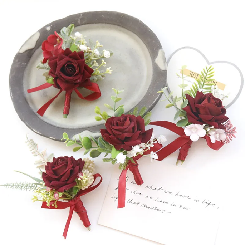 Boutonniere e pulso buquê para convidados, casamento suprimentos, flores simuladas, vinho tinto, banquete suprimentos, 518