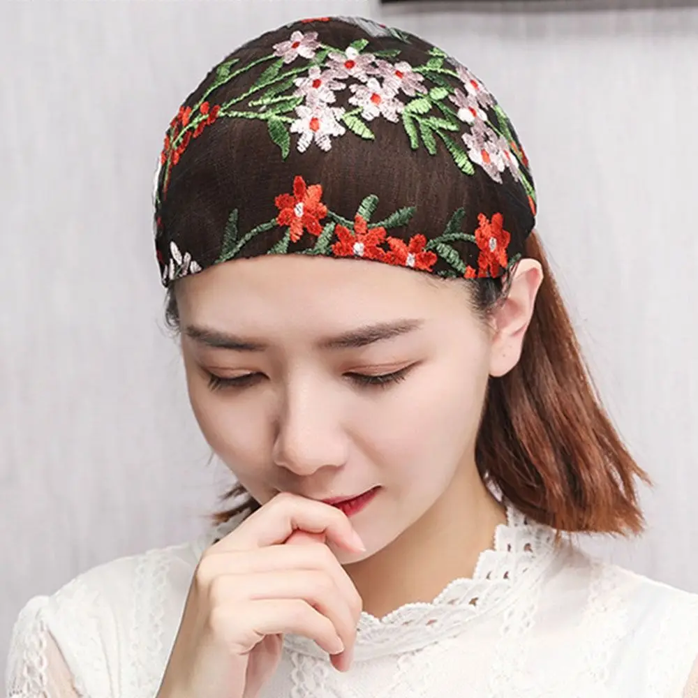 Fashion Multicolor Embroidered Headscarf Hair Cover Thin Flower Pattern Headband Hair Accessories Floral Lace Headwear Summer