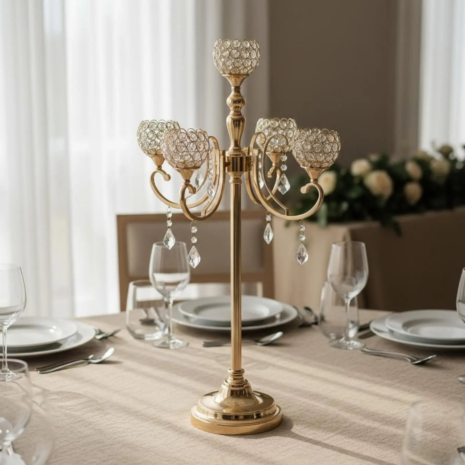 Ornate 5 Head Candle Holder Rust Resistant Gold Wedding Candelabra 5 Branch Floor Candelabra Tall Crystal Candle Stand view 3