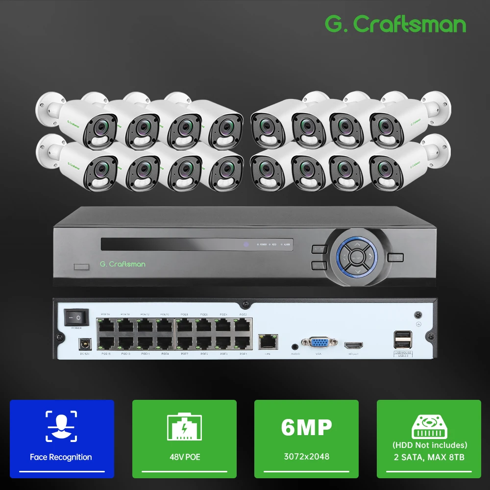 C-X,16CH 6MP POE Security System Kit with NVR Recorder,3.6mm Lens,Audio,IR Leds,24/7 Recording,Surveillance,GX-YUFD-M6S-K16