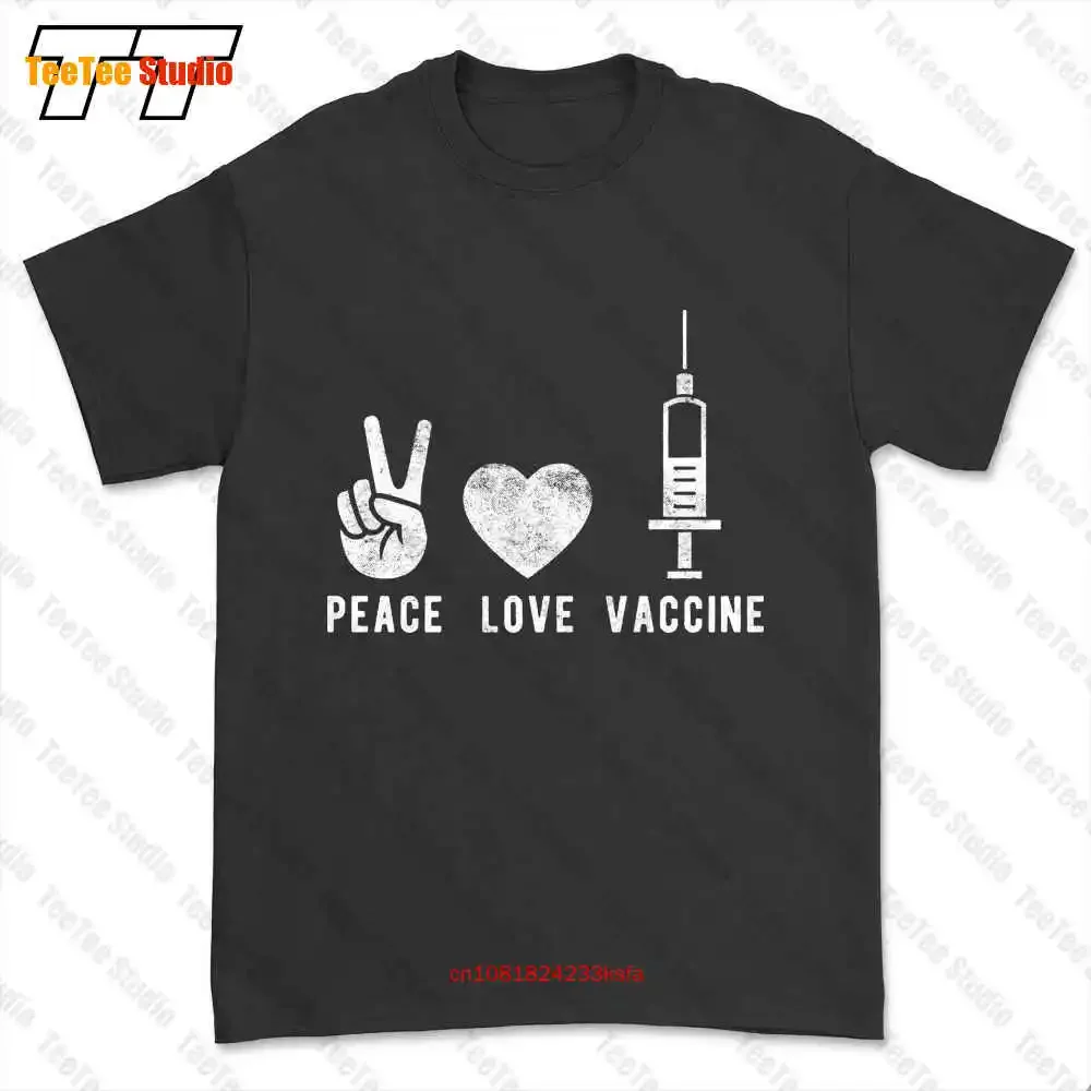 

Peace Love Vaccine Funny Social Distance Graphic T-shirt Tee HQB0