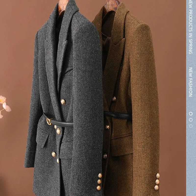 Women's Herringbone Wool Blazer 2026 New Double Breasted Chic Outwear Lady Gold Button Belted Slim Vintage Suit Coat Commute Y2K