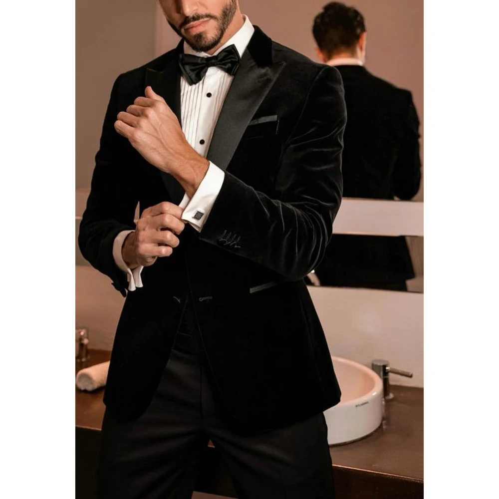 Classic Black Velvet Suits for Men Fashion Peak Lapel Single Breasted Male Suit Casual Office Business Wedding Tuxedo 2 Piece