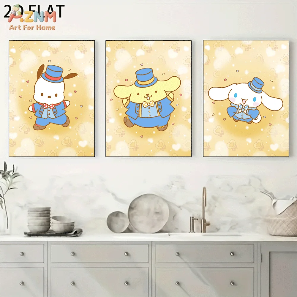 AZNM Sanrio Pochacco Pom Pom Purin Cinnamoroll Frameless Canvas Wall Art, Cute Gentleman Cartoon Poster, Warm Home Bedroom Decor