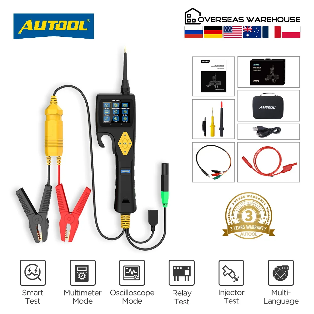 AUTOOL BT280 Car Electrical Circuit Tester with Fuel Injector Tester Power Probe Auto Scanner Electric System Tester