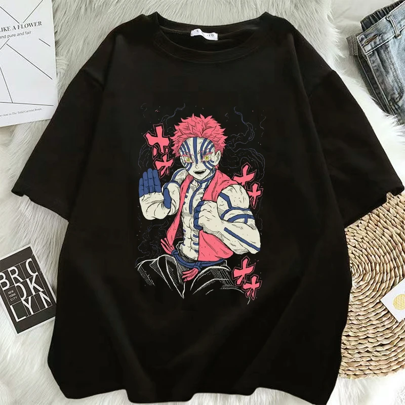 

Fashion Akaza Kimetsu No Yaiba Women's T-Shirt Demon Slayer Tanjiro Unisex Black Tshirt Cartoon Anime Pattern Clothing Y2K Top