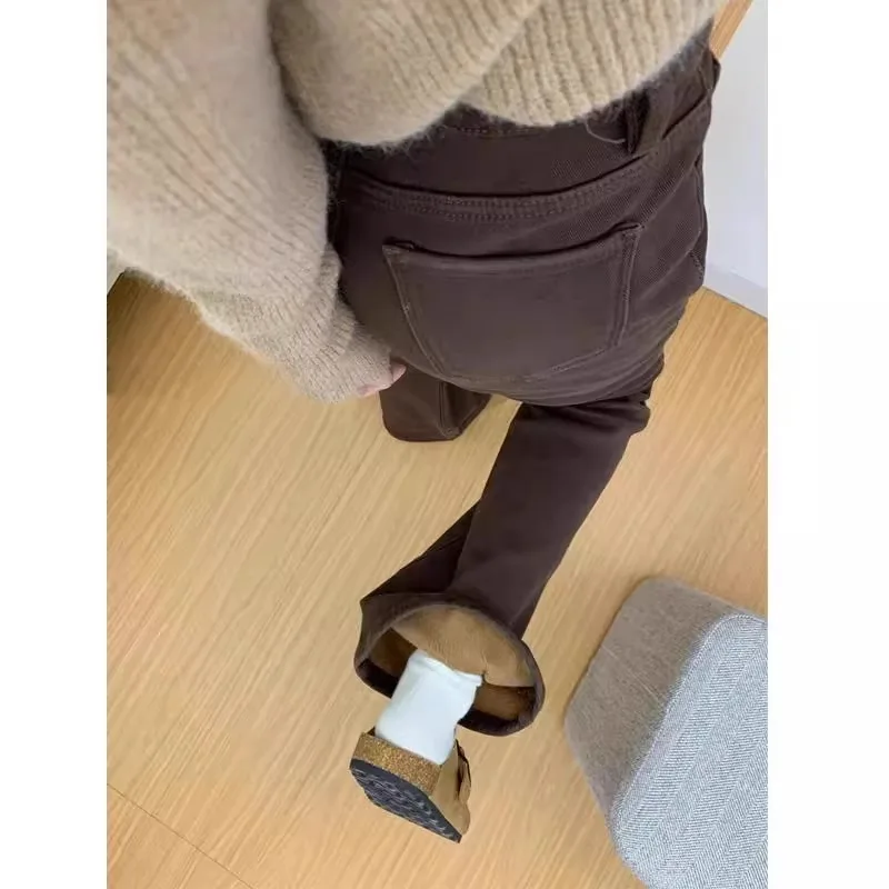

High Waist Fleece Lined Thickened Bell Bottom Jeans Women's Coffee Color Bootcut Floor Length Pants Winter Wear Cotton Stretc...