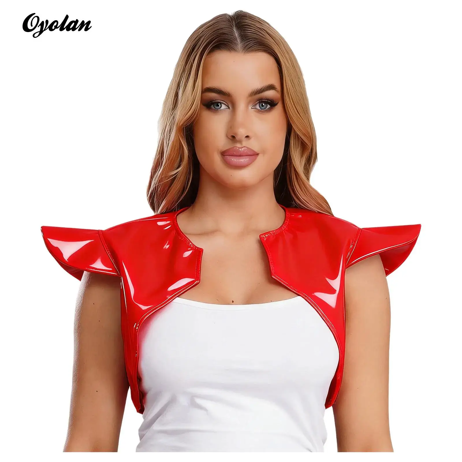 

Women Patent Leather Cap Sleeves Shrug Top Warrior Cosplay Costume Rave Clubwear Open Front Asymmetrical Hem Shoulder Armor Vest
